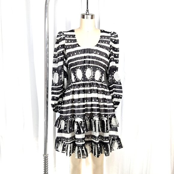 Cynthia Rowley Sicily Silk Wrap Dress Black White Smocked Waist Cap Sleeve Size - Picture 3 of 13